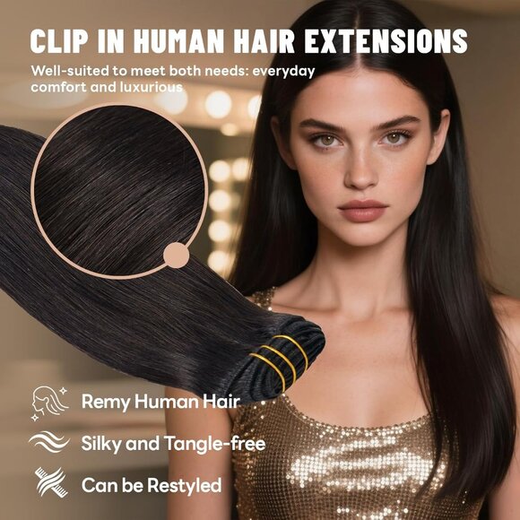 Clip in Hair Extensions Real Human Hair 18 Inch 7Pcs Remy Straight Thick - Picture 2 of 6